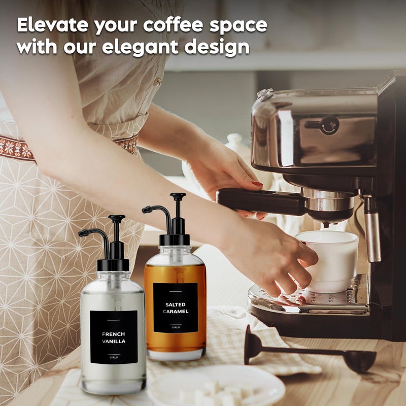 Spaceneat Coffee Syrup Dispenser with Pump - Includes 24 Flavor Labels - Glass Syrup Dispenser for Coffee Bar - Elevate your Beverage Station with 16.9 fl oz Flavoring Container Bottles  2pcs  Black - Image 5